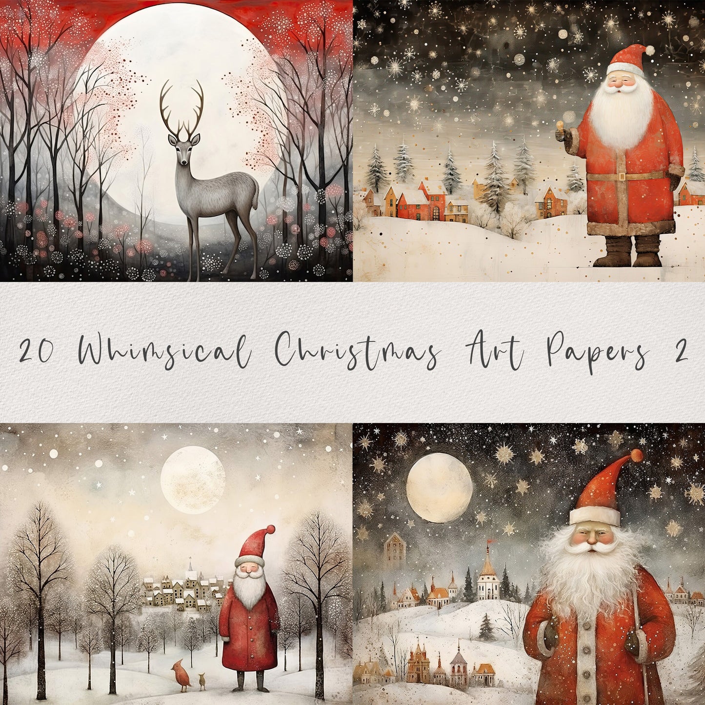 20 Whimsical Christmas Printable Art Pages| Digital Download JPG Paper Set| PNG sublimation| Whimsical Digital Paper | Retro Santa Claus