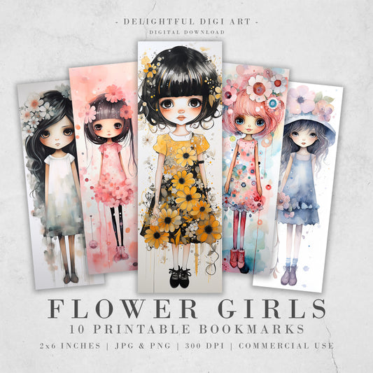 20 Flower Girls Watercolor Printable Bookmarks | Digital Download JPG Bookmark Set PNG Bundle| Big Eyes sublimation bookmark set| Chibi Girl