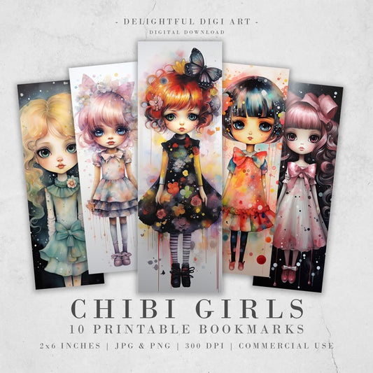 15 Chibi Girls Watercolor Printable Bookmarks | Digital Download JPG Bookmark Set PNG Bundle| Big Eyes sublimation bookmark set| Cute Girls