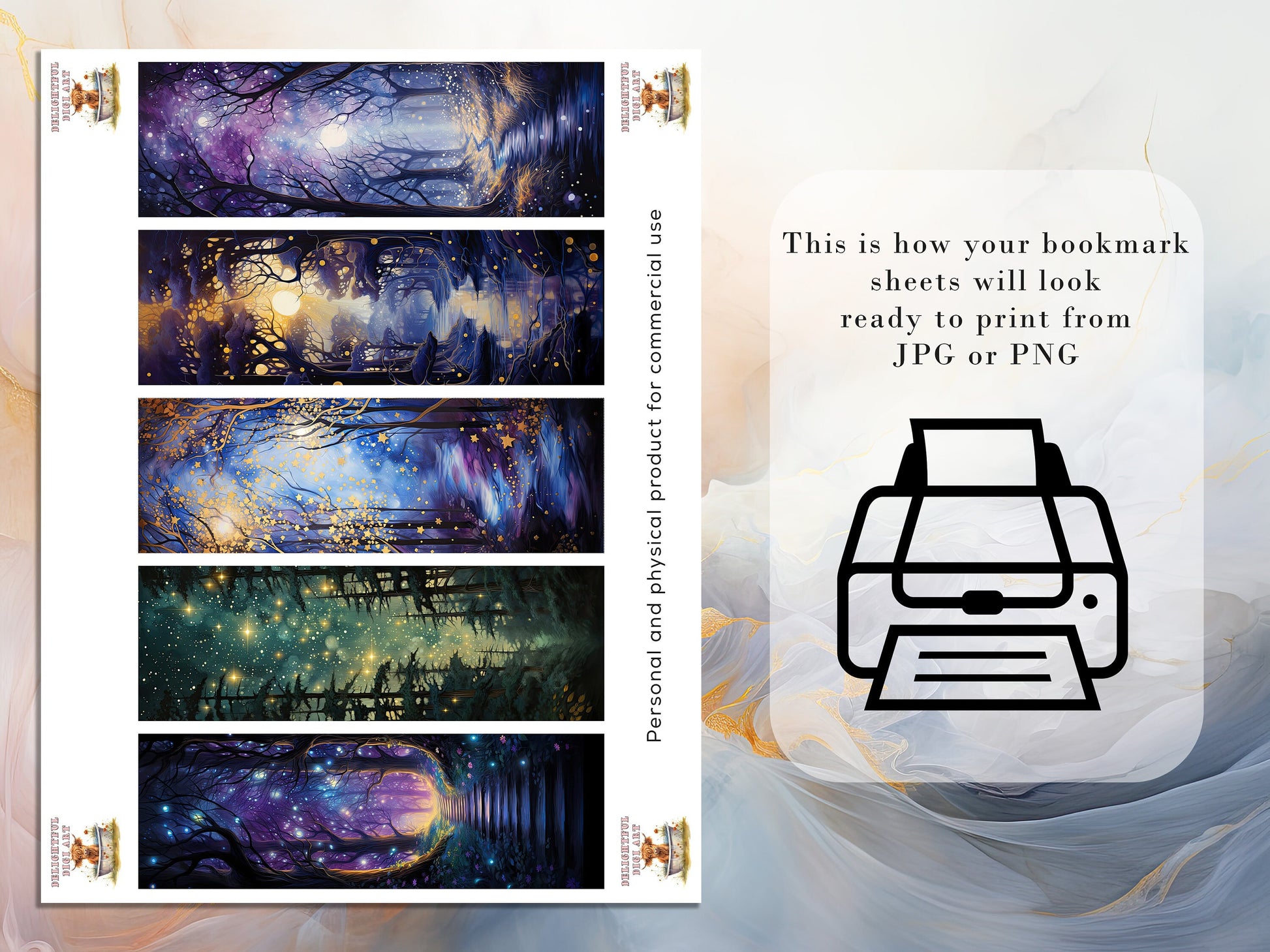 15 Fantasy Starry Night Printable Bookmarks | Digital Download JPG Bookmark Set | PNG Bundle| Surreal sublimation bookmark set | Print & Cut