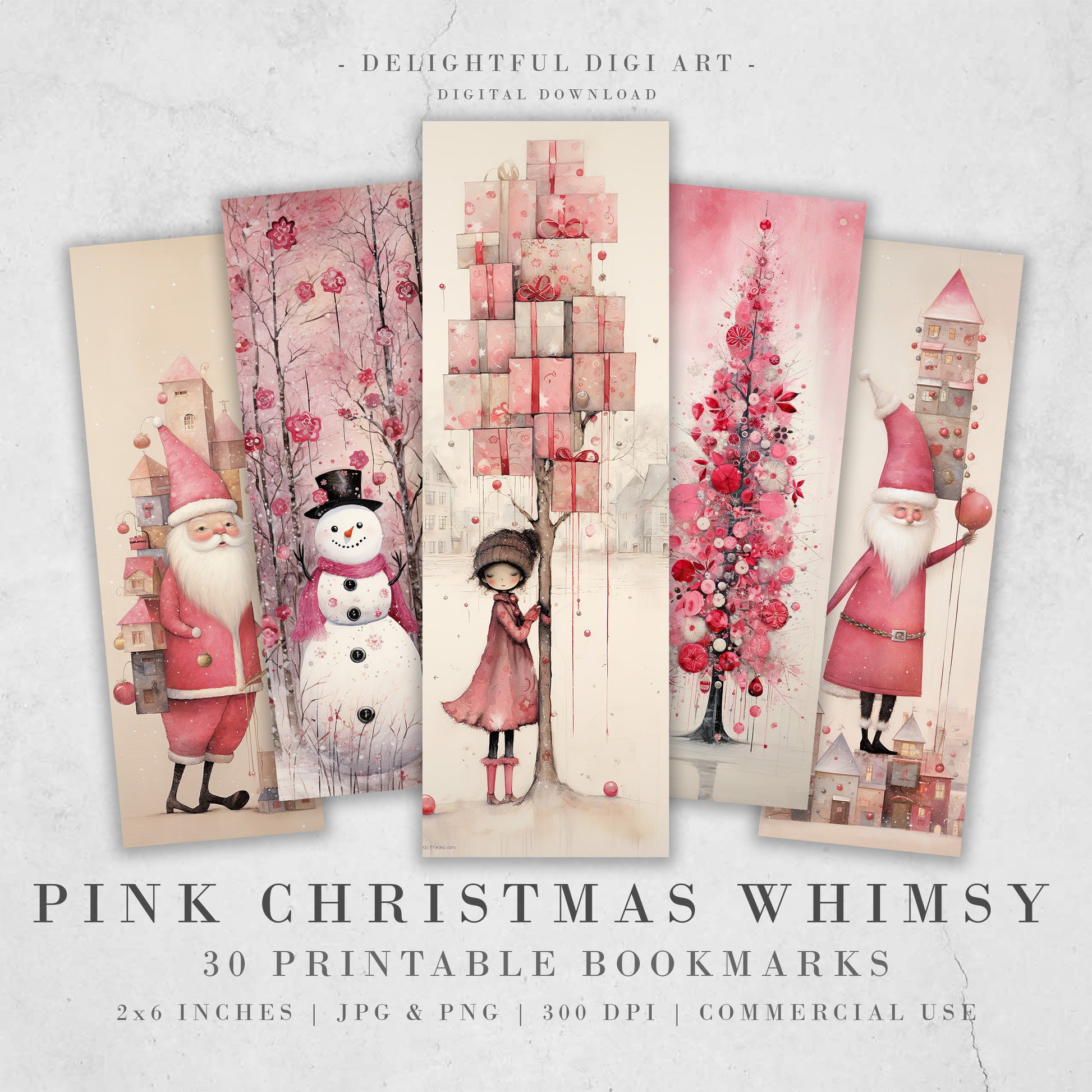 30 Cute Christmas Printable Bookmarks | Pink Whimsy Digital Download JPG Bookmark Set| PNG bookmark sublimation Whimsical X-Mas bookmark set