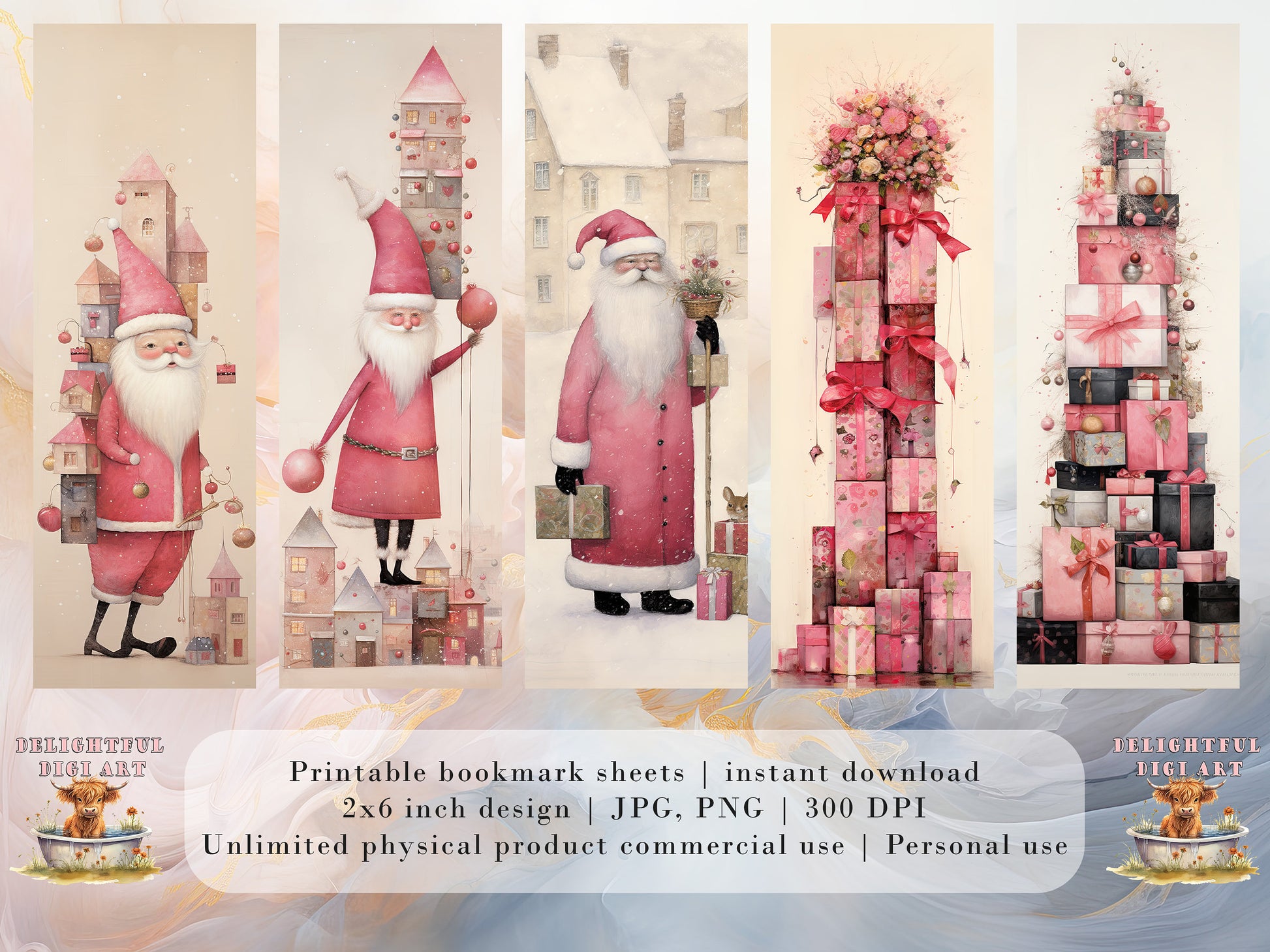 30 Cute Christmas Printable Bookmarks | Pink Whimsy Digital Download JPG Bookmark Set| PNG bookmark sublimation Whimsical X-Mas bookmark set
