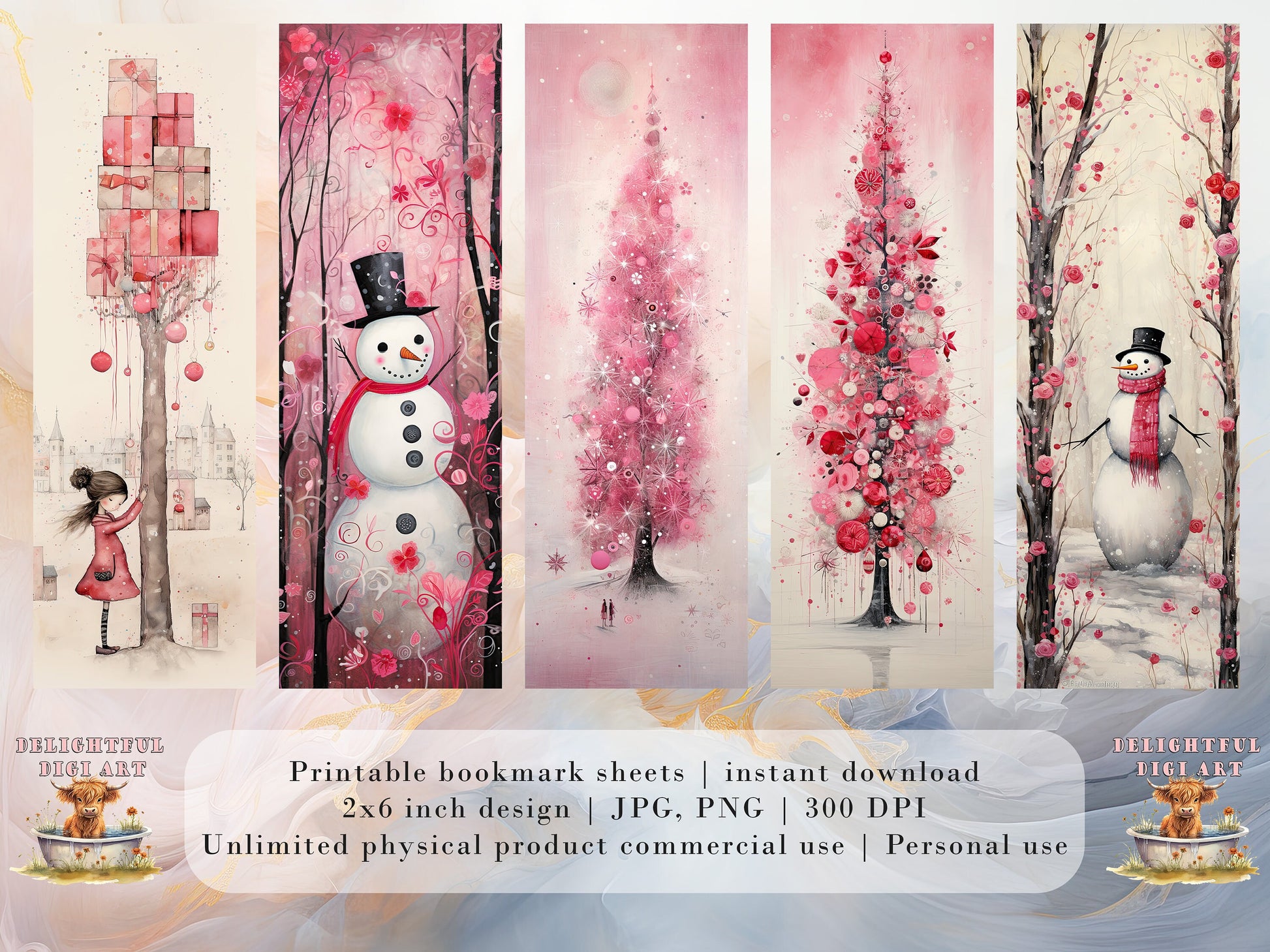 30 Cute Christmas Printable Bookmarks | Pink Whimsy Digital Download JPG Bookmark Set| PNG bookmark sublimation Whimsical X-Mas bookmark set