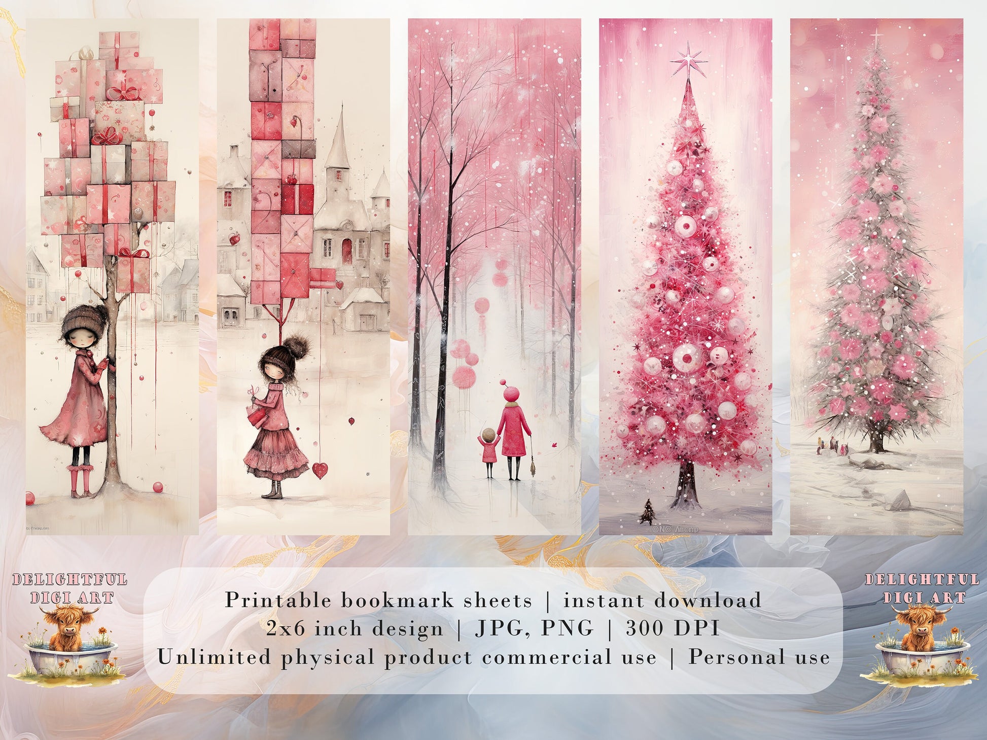 30 Cute Christmas Printable Bookmarks | Pink Whimsy Digital Download JPG Bookmark Set| PNG bookmark sublimation Whimsical X-Mas bookmark set