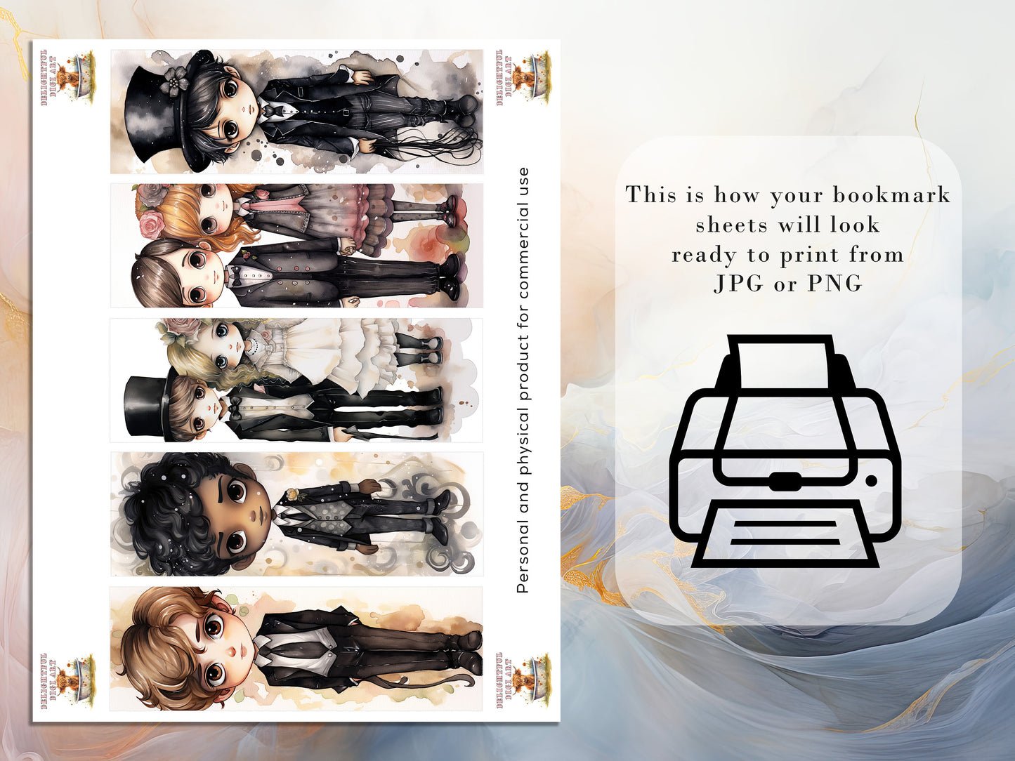 20 Chibi Prom Printable Bookmarks Digital Download JPG Bookmark Set Watercolor PNG Bundle| Big Eyes sublimation bookmark set| School Dance