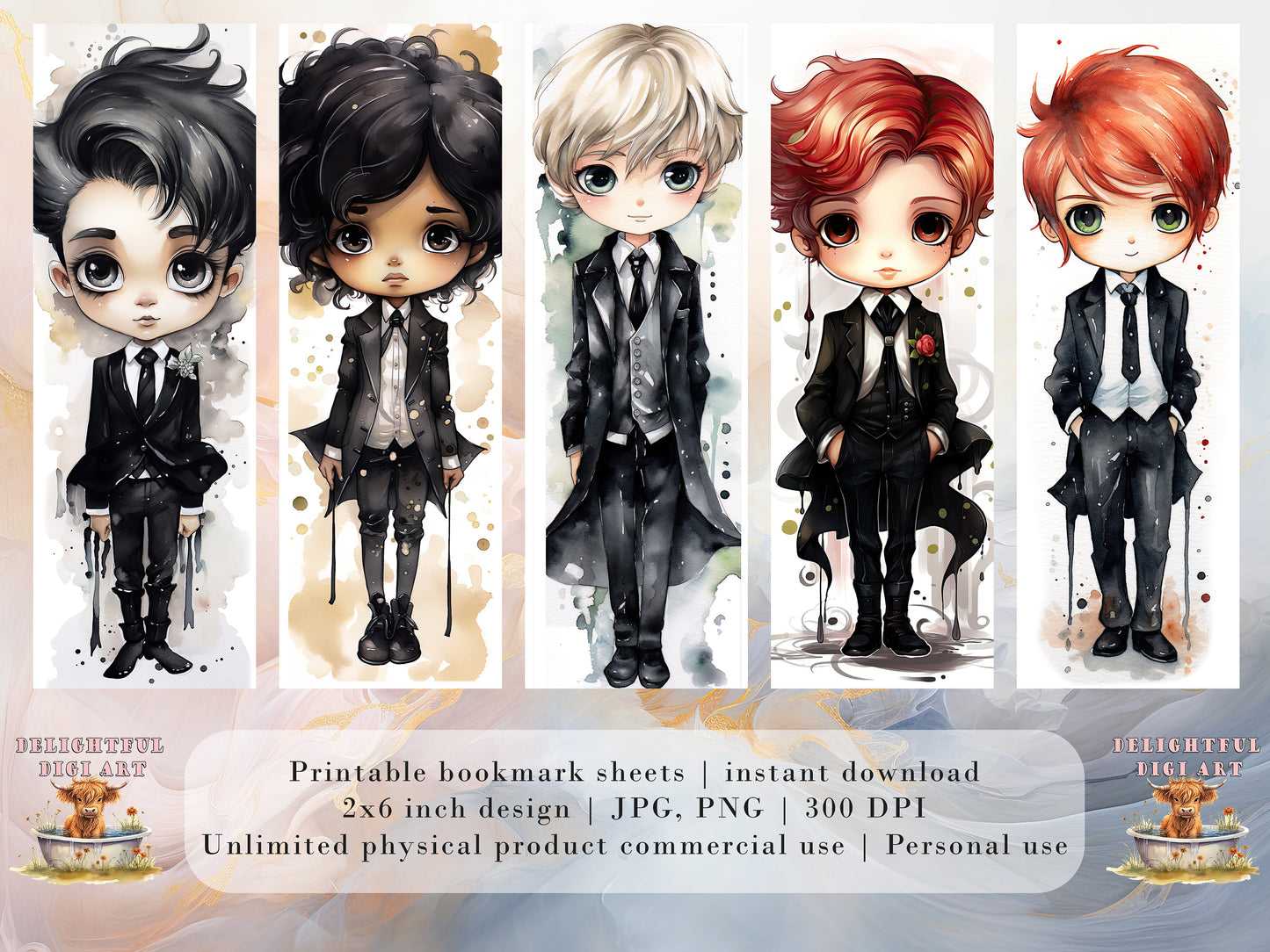 20 Chibi Prom Printable Bookmarks Digital Download JPG Bookmark Set Watercolor PNG Bundle| Big Eyes sublimation bookmark set| School Dance
