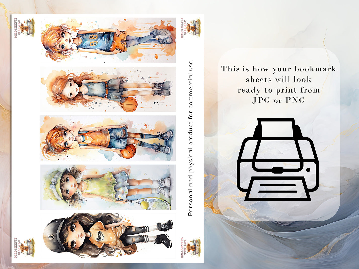 20 Sports Girls Printable Bookmarks | Digital Download JPG Bookmark Set Watercolor PNG Bundle| Big Eyes sublimation bookmark set| Chibi Girl