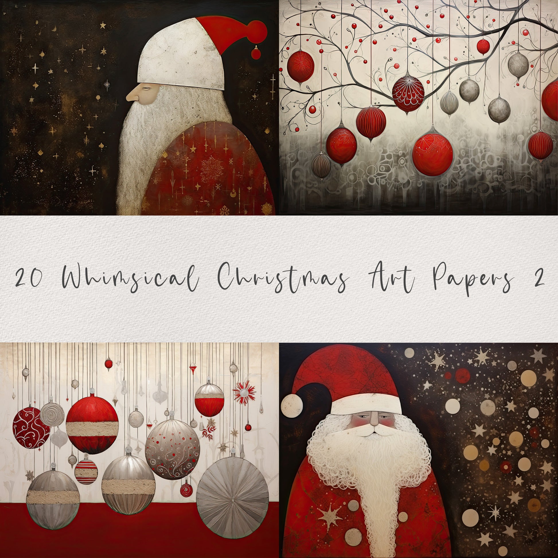20 Whimsical Christmas Printable Art Pages| Digital Download JPG Paper Set| PNG sublimation| Whimsical Digital Paper | Red Santa Claus