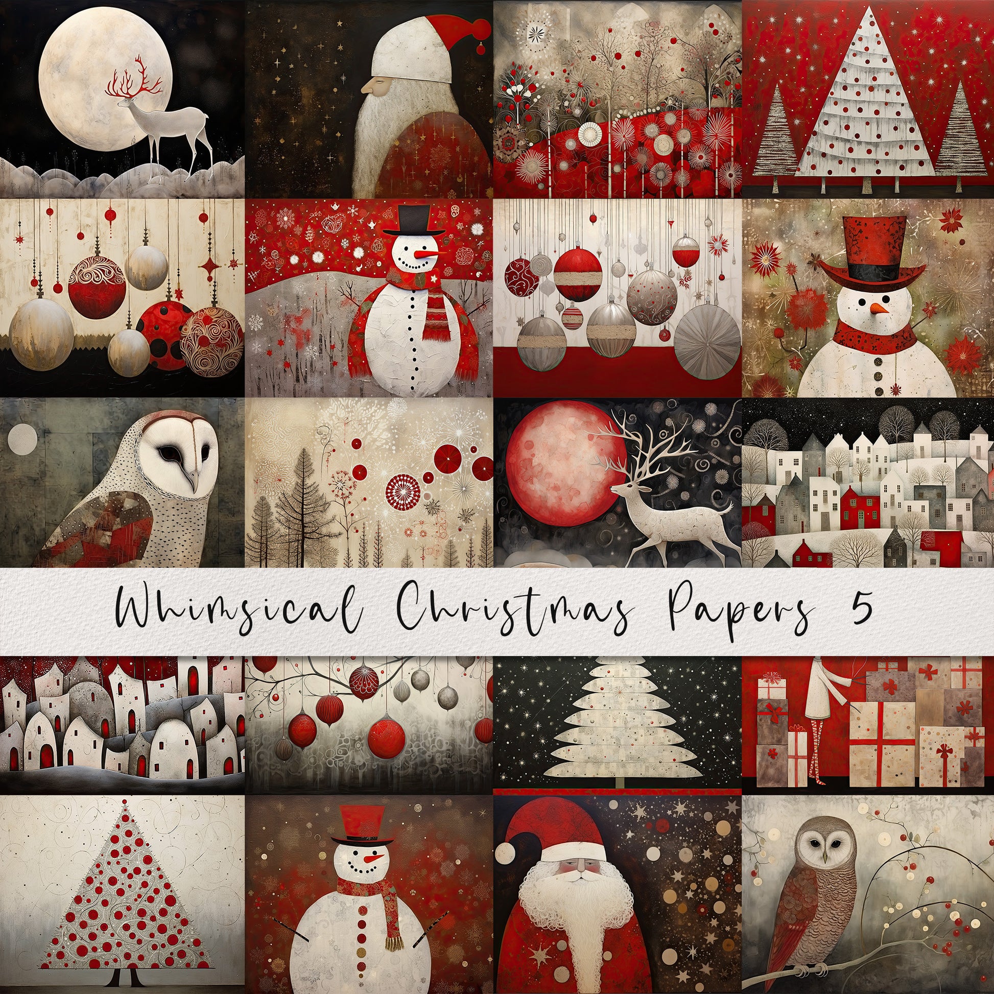 20 Whimsical Christmas Printable Art Pages| Digital Download JPG Paper Set| PNG sublimation| Whimsical Digital Paper | Red Santa Claus
