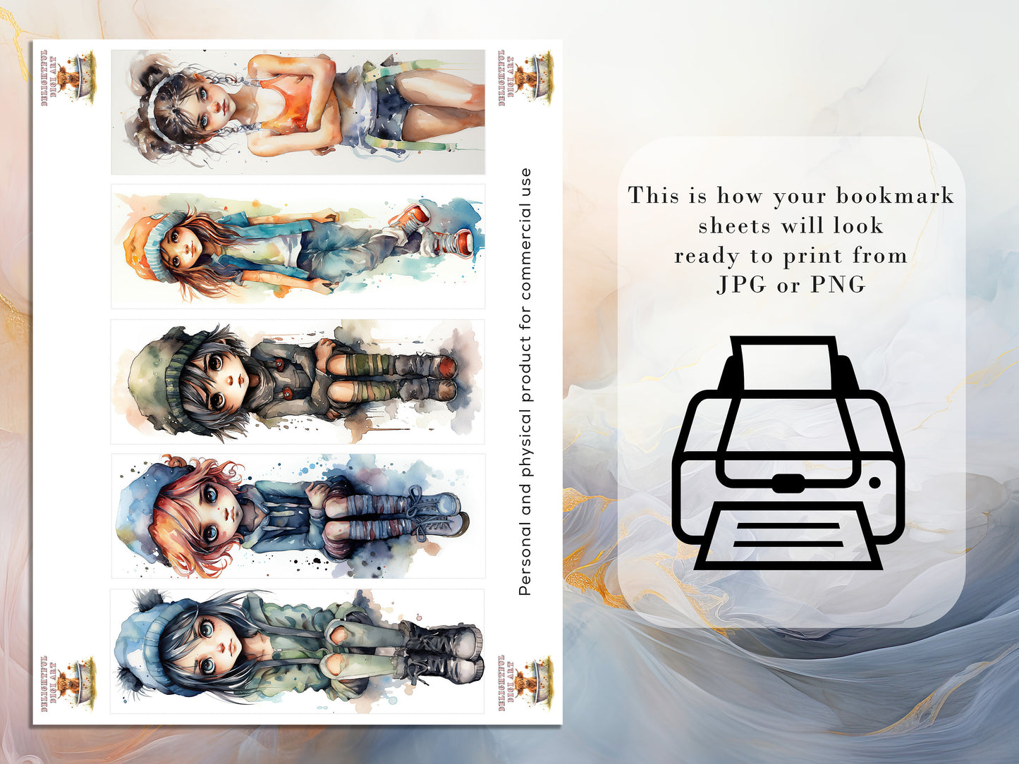 10 Tom Boy Printable Bookmarks| Digital Download JPG Chibi Bookmark Set Watercolor PNG Bundle| Big Eyes sublimation bookmark set| Tough Girl
