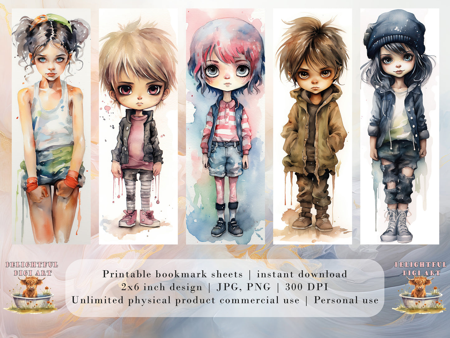 10 Tom Boy Printable Bookmarks| Digital Download JPG Chibi Bookmark Set Watercolor PNG Bundle| Big Eyes sublimation bookmark set| Tough Girl