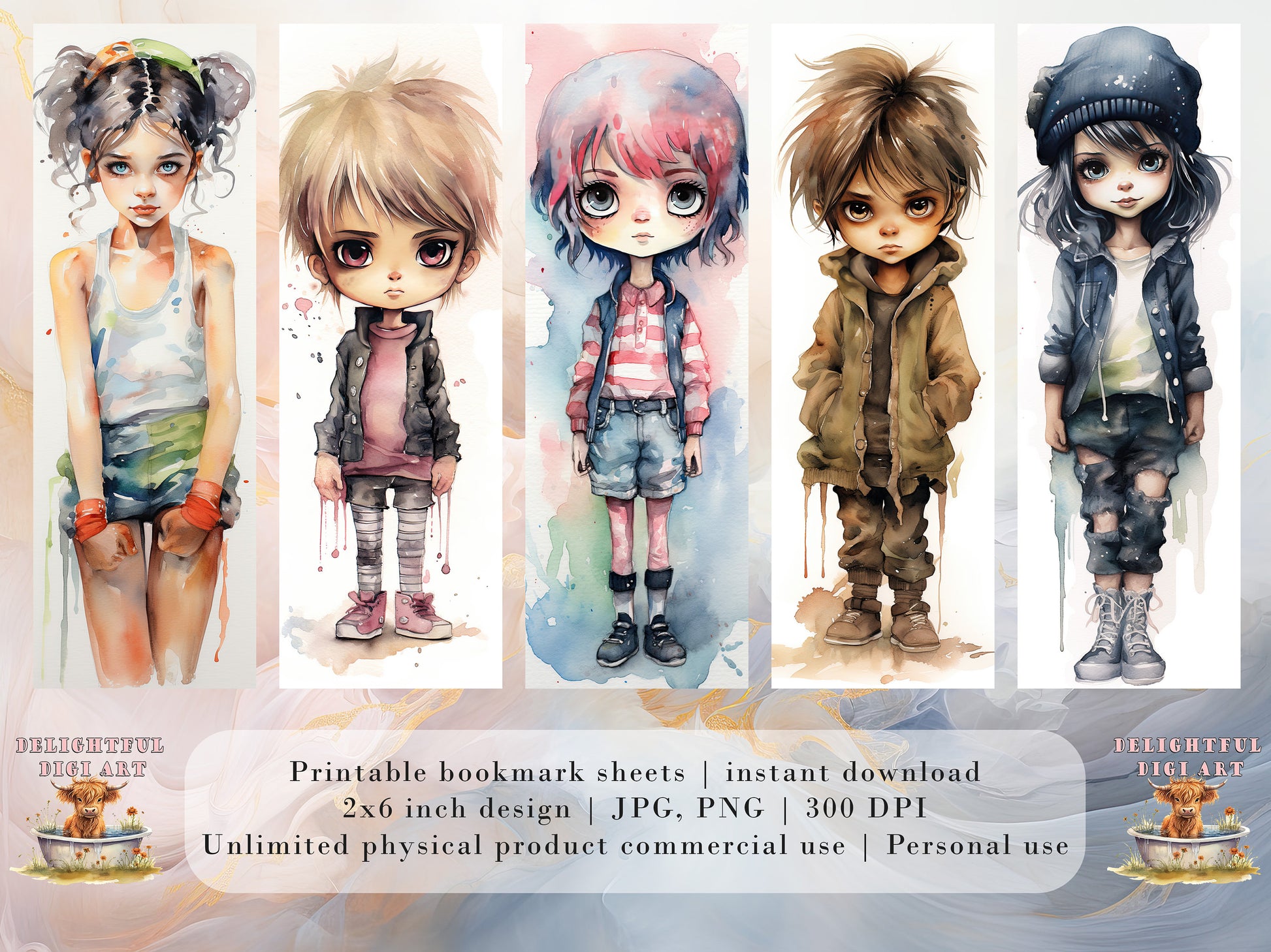 10 Tom Boy Printable Bookmarks| Digital Download JPG Chibi Bookmark Set Watercolor PNG Bundle| Big Eyes sublimation bookmark set| Tough Girl