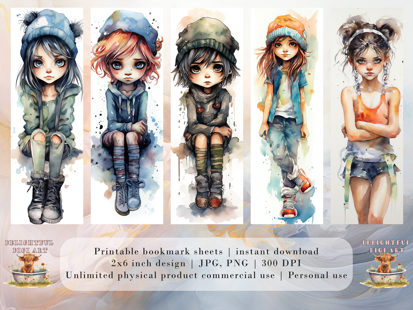 10 Tom Boy Printable Bookmarks| Digital Download JPG Chibi Bookmark Set Watercolor PNG Bundle| Big Eyes sublimation bookmark set| Tough Girl