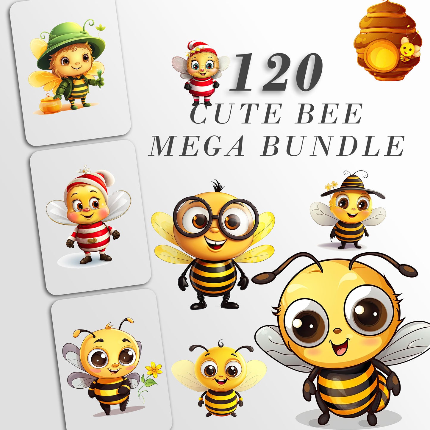 Cute Bee Clip Art, Bee PNG Bundle, Honey Bee Art, Busy Bees ClipArt, Commercial Use, T-shirt sublimation, Birthday Invitations, Kawaii