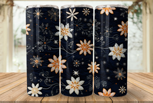 Fantastic Flurries Embroidery Effect Seamless 20oz Tumbler Sublimation Design, Snow Flake Embroidered Look Straight Tumbler Wrap PNG