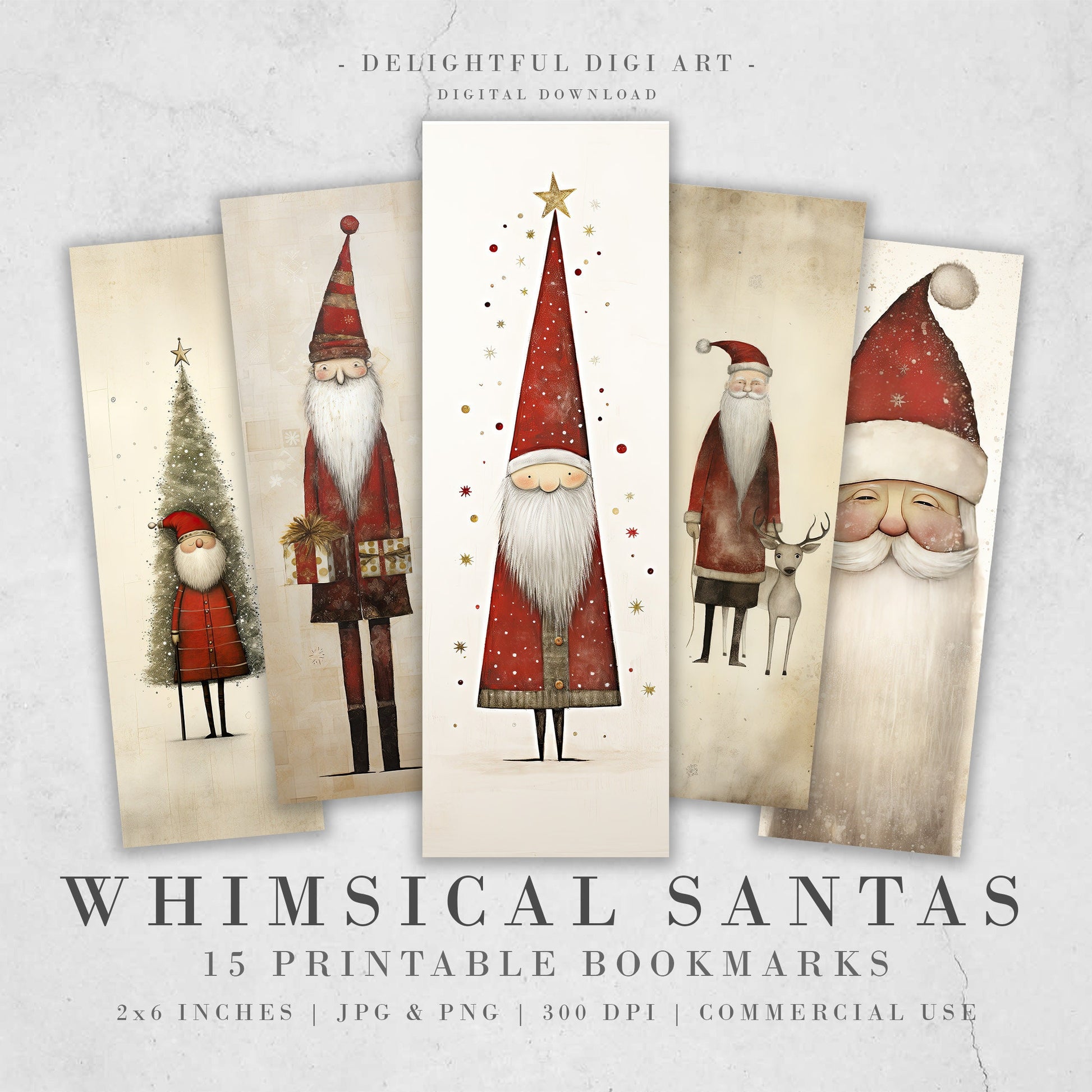 15 Whimsical Santa Printable Bookmarks: Digital Download JPG Bookmark Sheets | PNG bookmark sublimation set | Quirky Xmas Graphics for girls