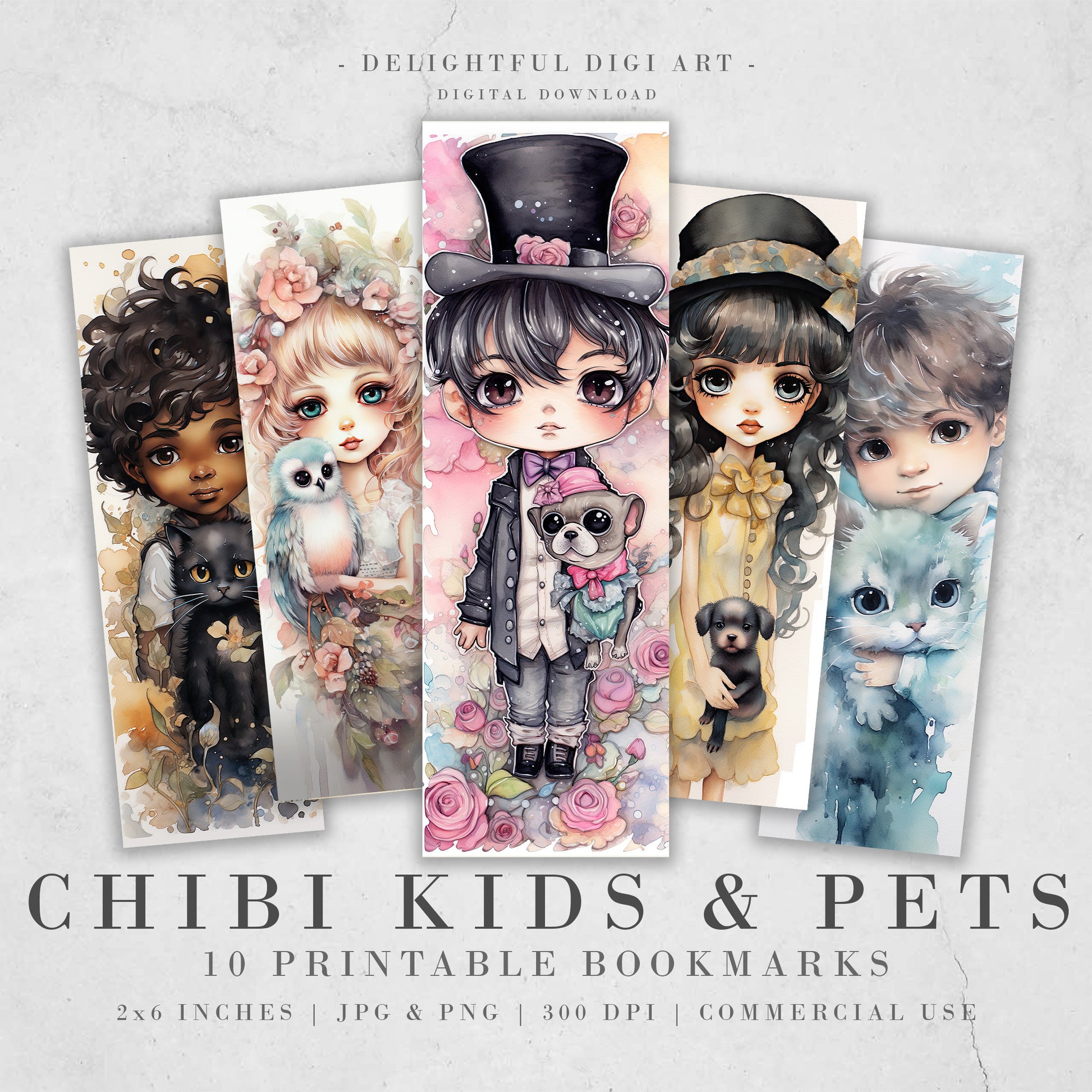 10 Chibi Kids & Pets Watercolor Printable Bookmarks | Digital Download JPG Bookmark Set | PNG bookmark | Big Eyes sublimation bookmark set
