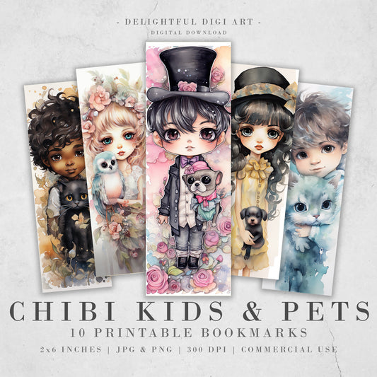 10 Chibi Kids & Pets Watercolor Printable Bookmarks | Digital Download JPG Bookmark Set | PNG bookmark | Big Eyes sublimation bookmark set