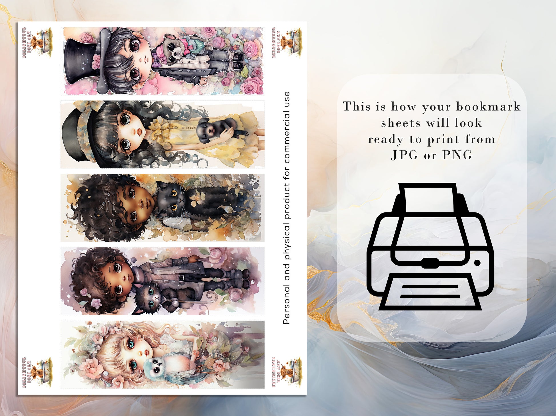 10 Chibi Kids & Pets Watercolor Printable Bookmarks | Digital Download JPG Bookmark Set | PNG bookmark | Big Eyes sublimation bookmark set