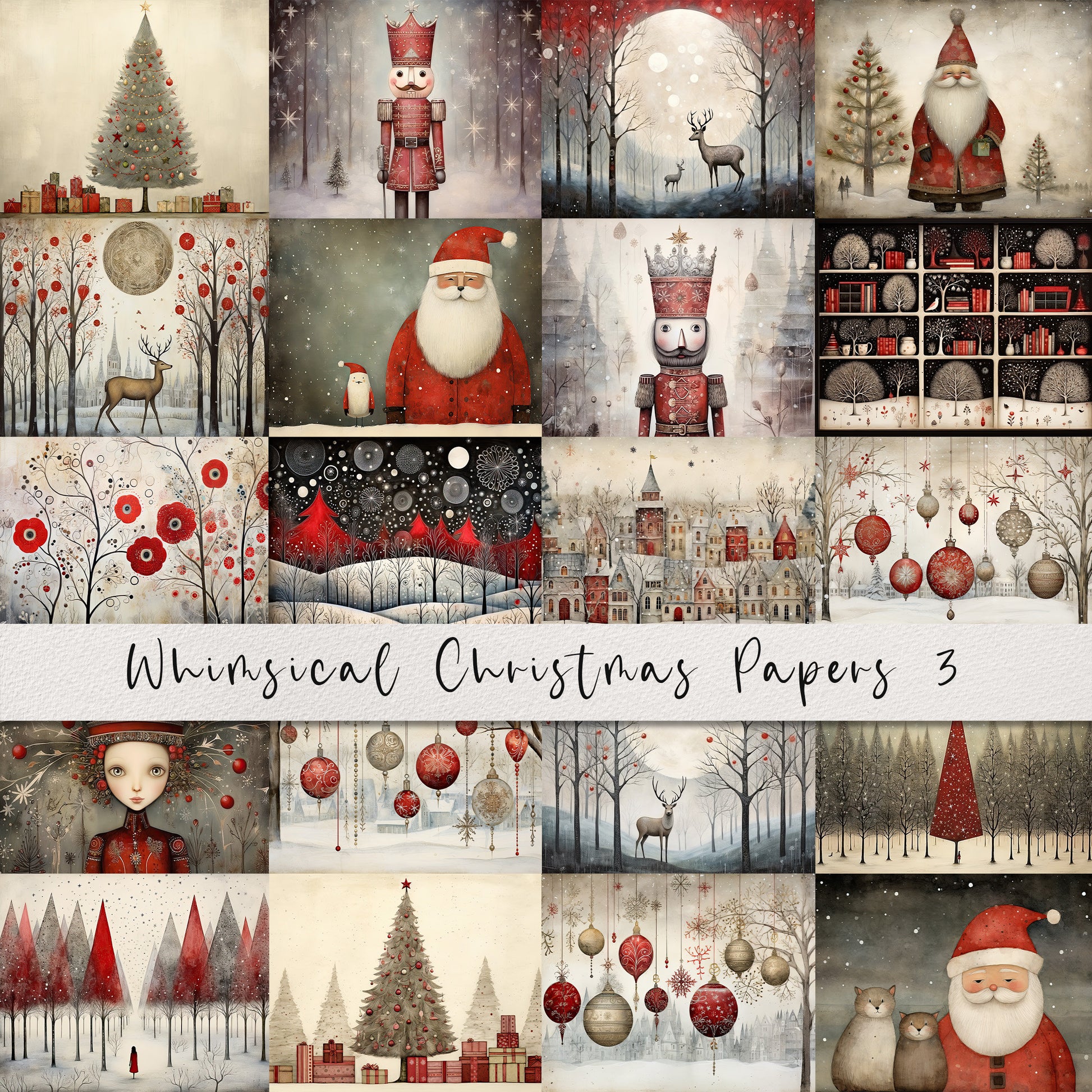 20 Whimsical Christmas Printable Art Pages| Digital Download JPG Paper Set| PNG sublimation| Whimsical Digital Paper | Retro Santa Claus