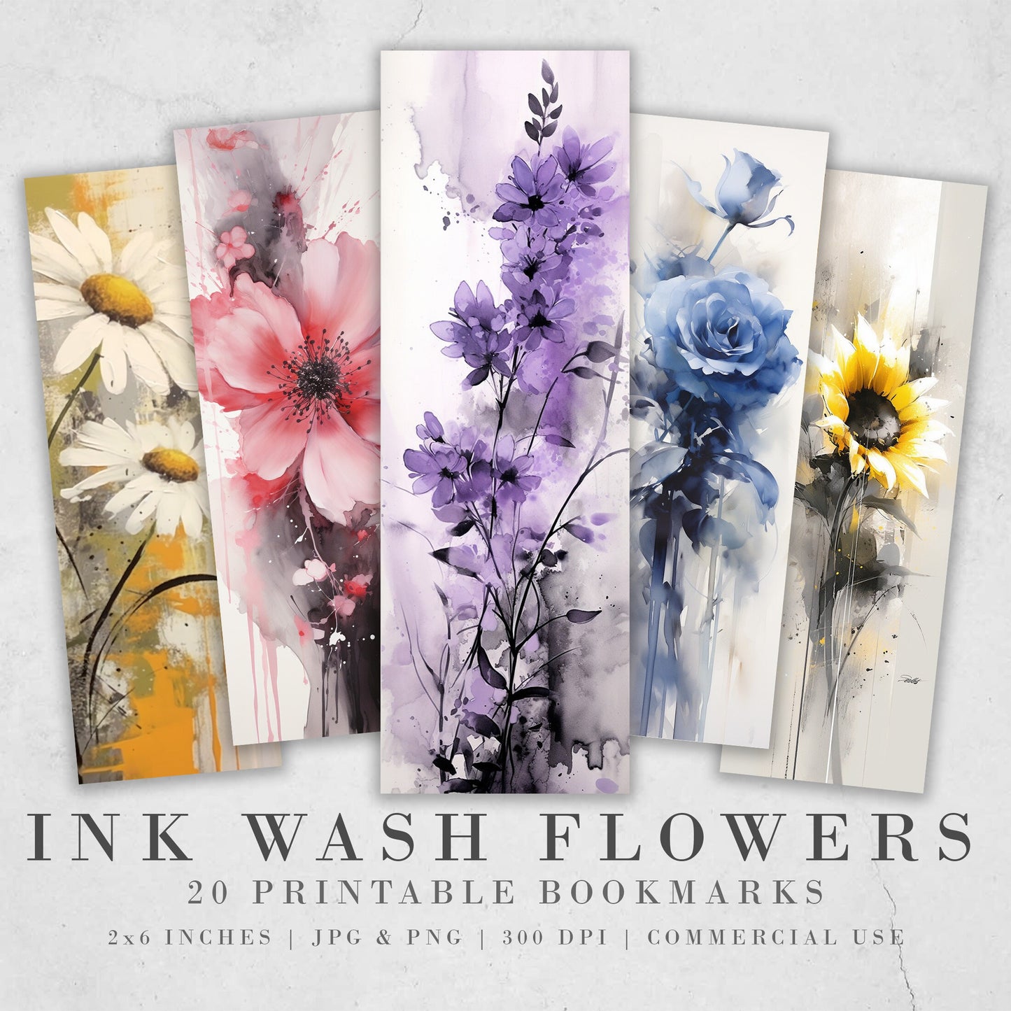 20 Ink Wash Flowers Printable Bookmarks | Digital Download JPG Bookmark Set| PNG bookmark sublimation | Whimsical bookmark set | Fussy Cuts