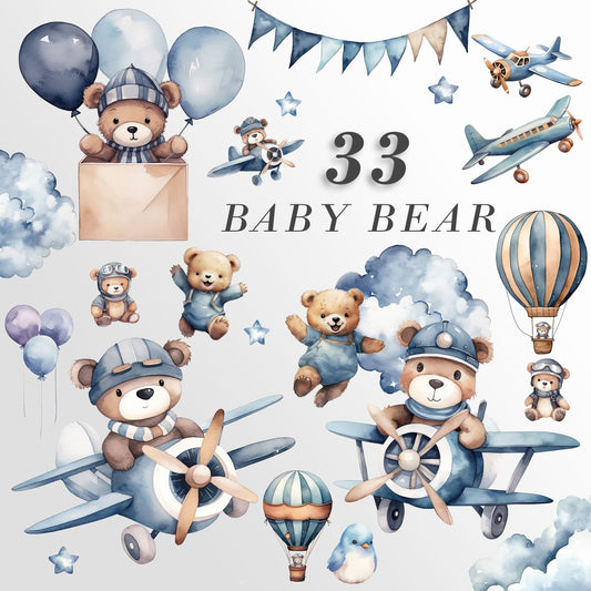 Watercolor Teddy Bear, Clipart Pack for a boys Baby Shower, Clipart for commercial use, Transparent PNGs, Blue Aeroplane Balloons