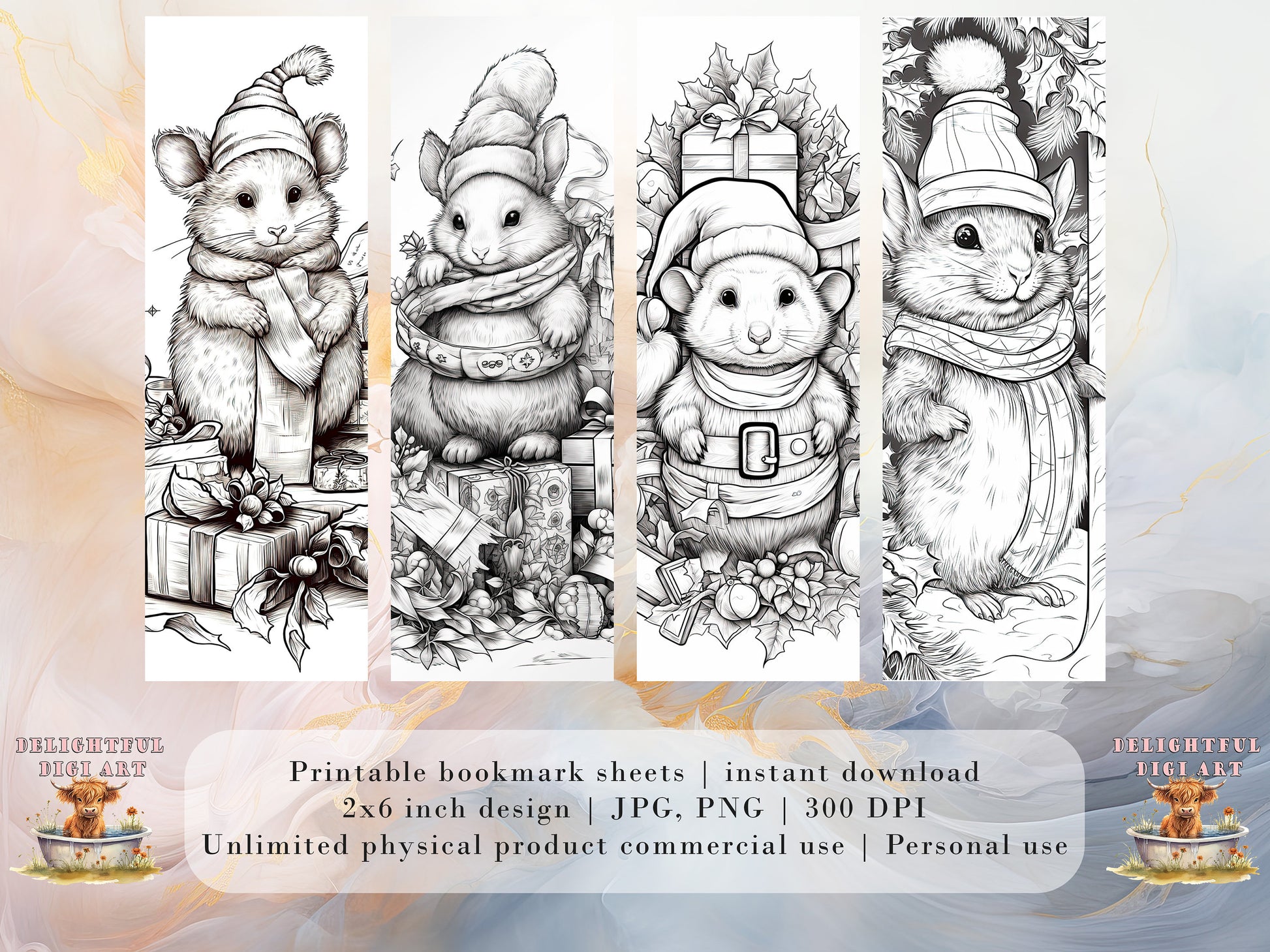 19 Cute Christmas Critter Colorable Bookmarks | Digital Download JPG Printable Bookmark Sheets | PNG bookmark sublimation | Xmas bookmarks