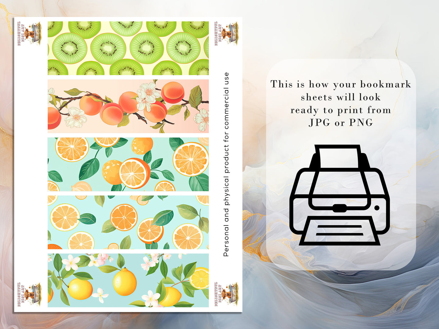 Retro Fruit Printable Bookmarks: JPG DIY Bookmark Sheets| PNG bookmark sublimation set of 15 | Pastel colors | Sliced Fruit Pattern