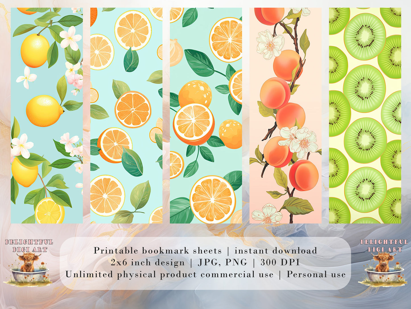 Retro Fruit Printable Bookmarks: JPG DIY Bookmark Sheets| PNG bookmark sublimation set of 15 | Pastel colors | Sliced Fruit Pattern