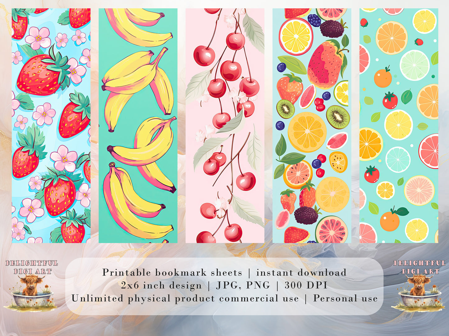 Retro Fruit Printable Bookmarks: JPG DIY Bookmark Sheets| PNG bookmark sublimation set of 15 | Pastel colors | Sliced Fruit Pattern