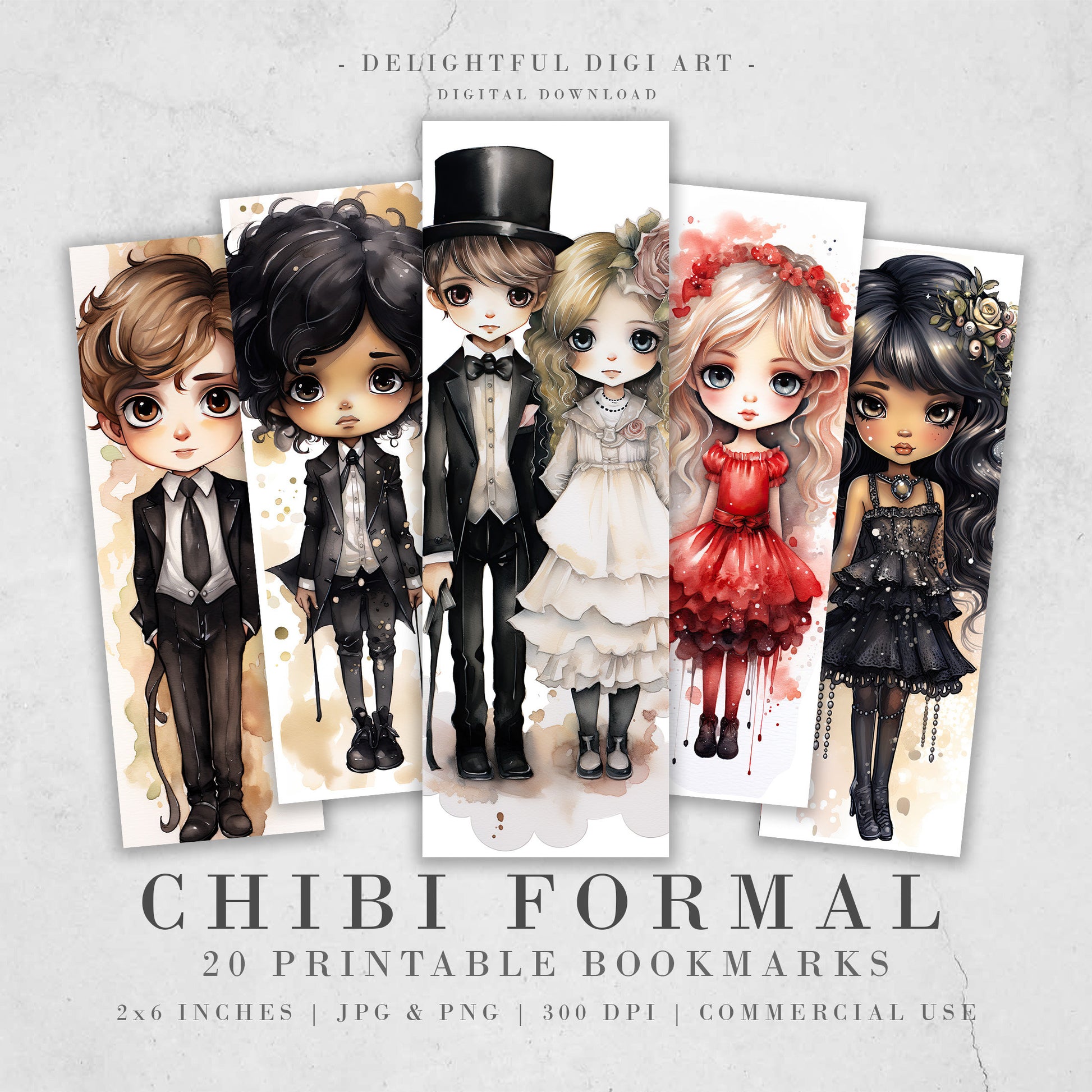 20 Chibi Prom Printable Bookmarks Digital Download JPG Bookmark Set Watercolor PNG Bundle| Big Eyes sublimation bookmark set| School Dance