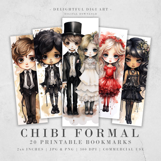 20 Chibi Prom Printable Bookmarks Digital Download JPG Bookmark Set Watercolor PNG Bundle| Big Eyes sublimation bookmark set| School Dance