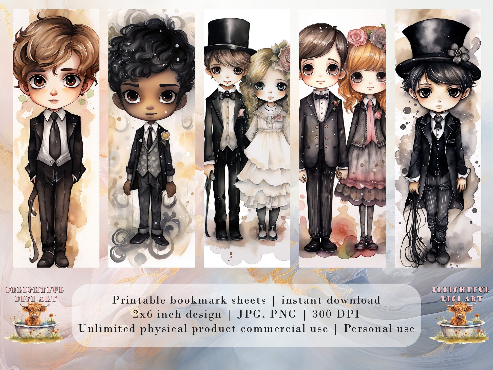 20 Chibi Prom Printable Bookmarks Digital Download JPG Bookmark Set Watercolor PNG Bundle| Big Eyes sublimation bookmark set| School Dance