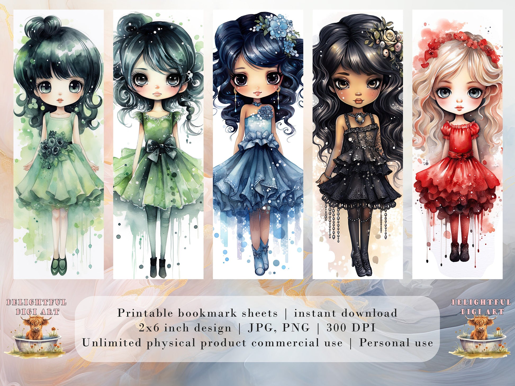 20 Chibi Prom Printable Bookmarks Digital Download JPG Bookmark Set Watercolor PNG Bundle| Big Eyes sublimation bookmark set| School Dance