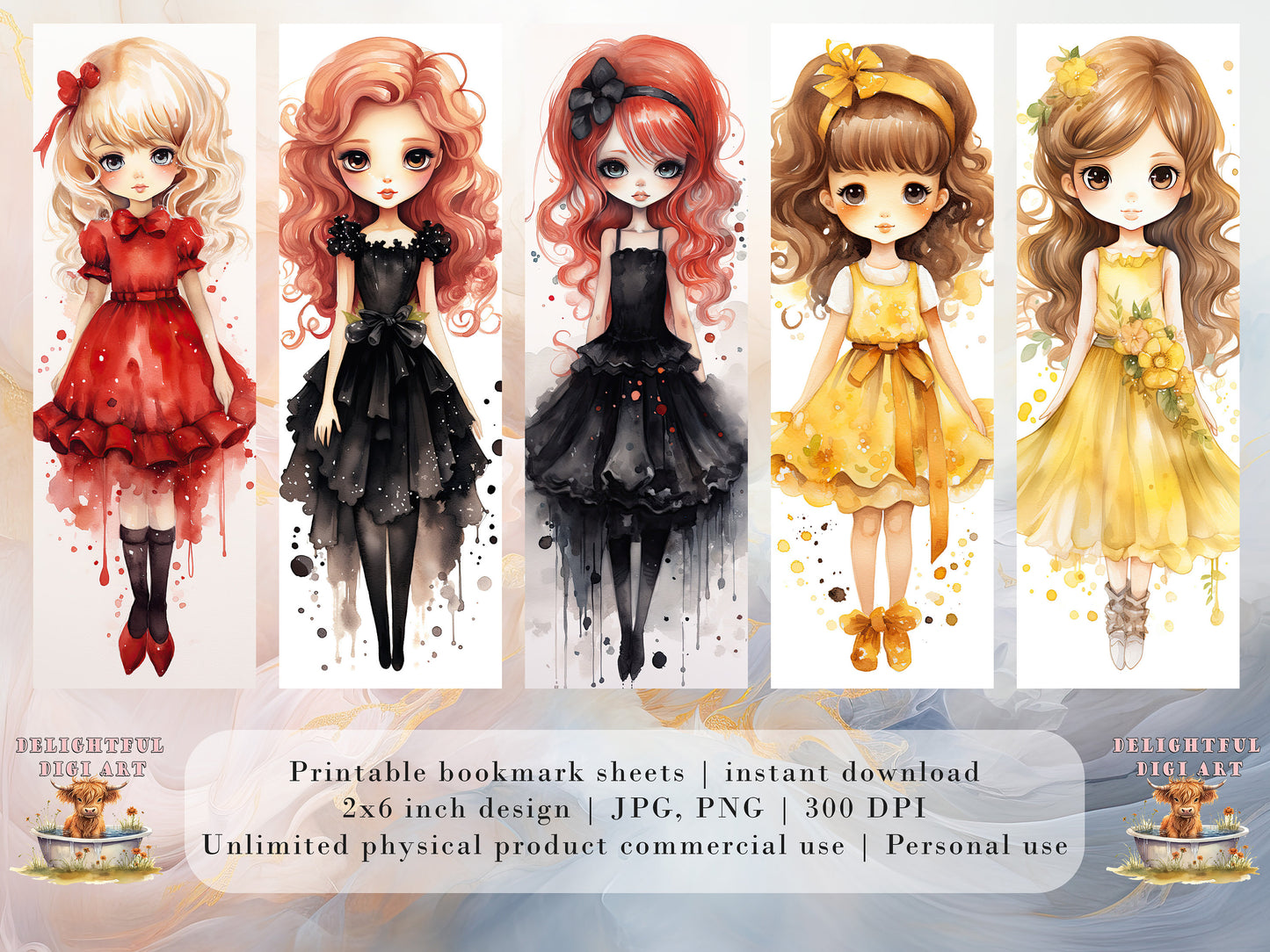 20 Chibi Prom Printable Bookmarks Digital Download JPG Bookmark Set Watercolor PNG Bundle| Big Eyes sublimation bookmark set| School Dance