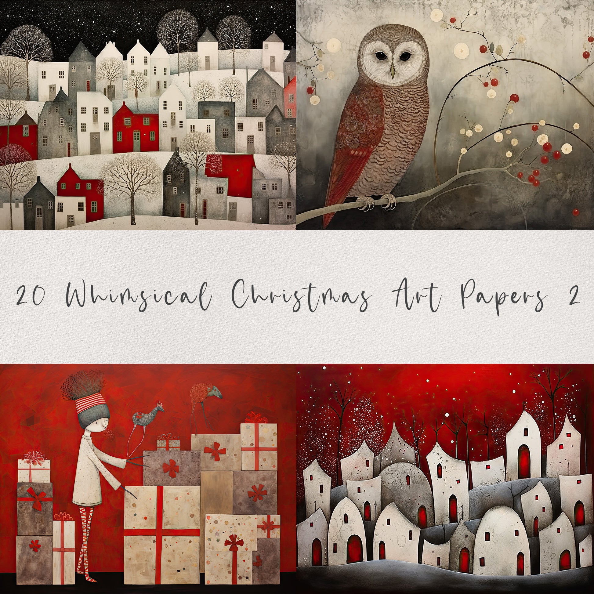 20 Whimsical Christmas Printable Art Pages| Digital Download JPG Paper Set| PNG sublimation| Whimsical Digital Paper | Red Santa Claus