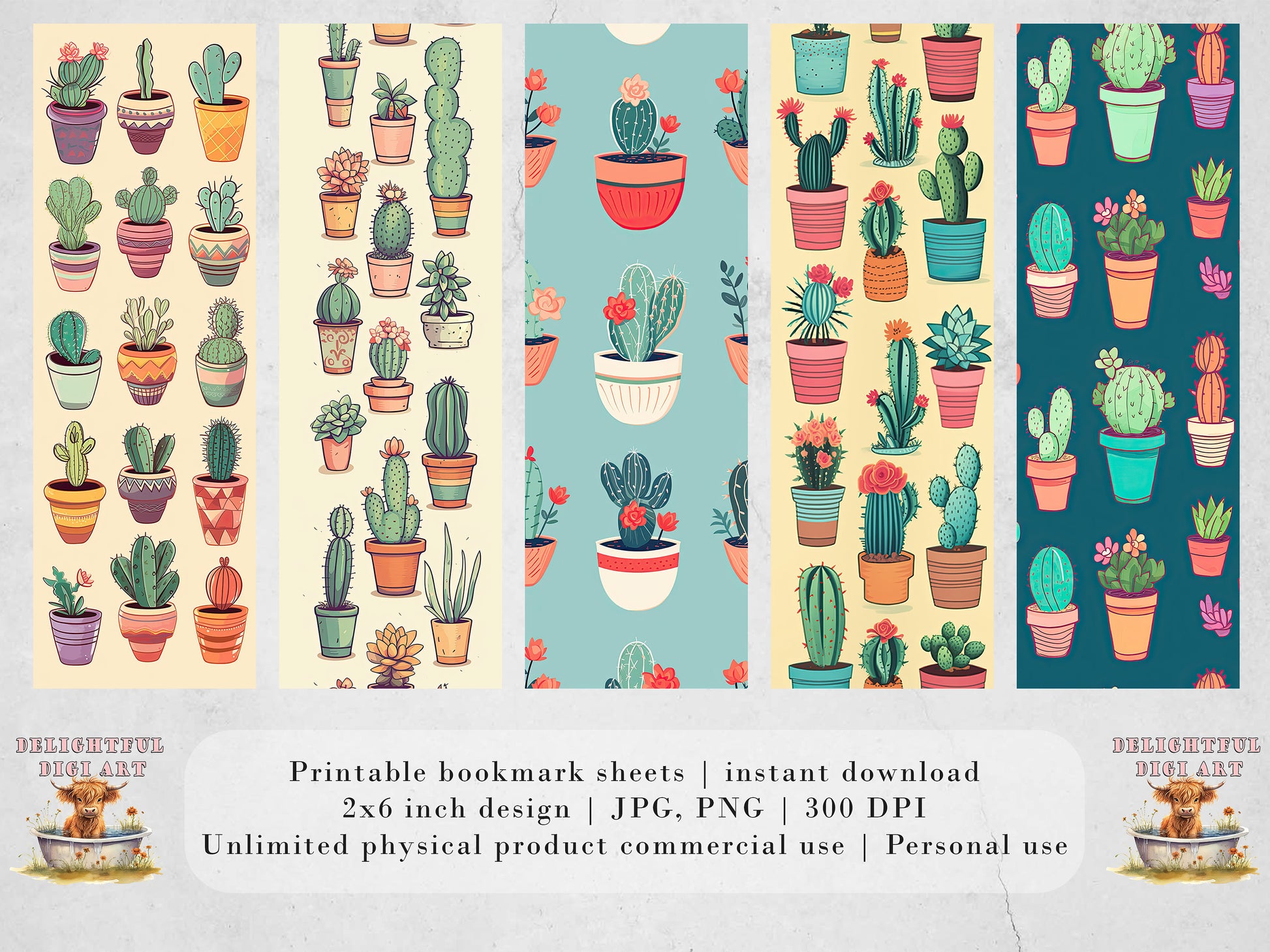 Retro Cactus Printable Bookmarks: JPG DIY Bookmark Sheets| PNG bookmark sublimation set of 10 | Pastel colors | Potted Succulents