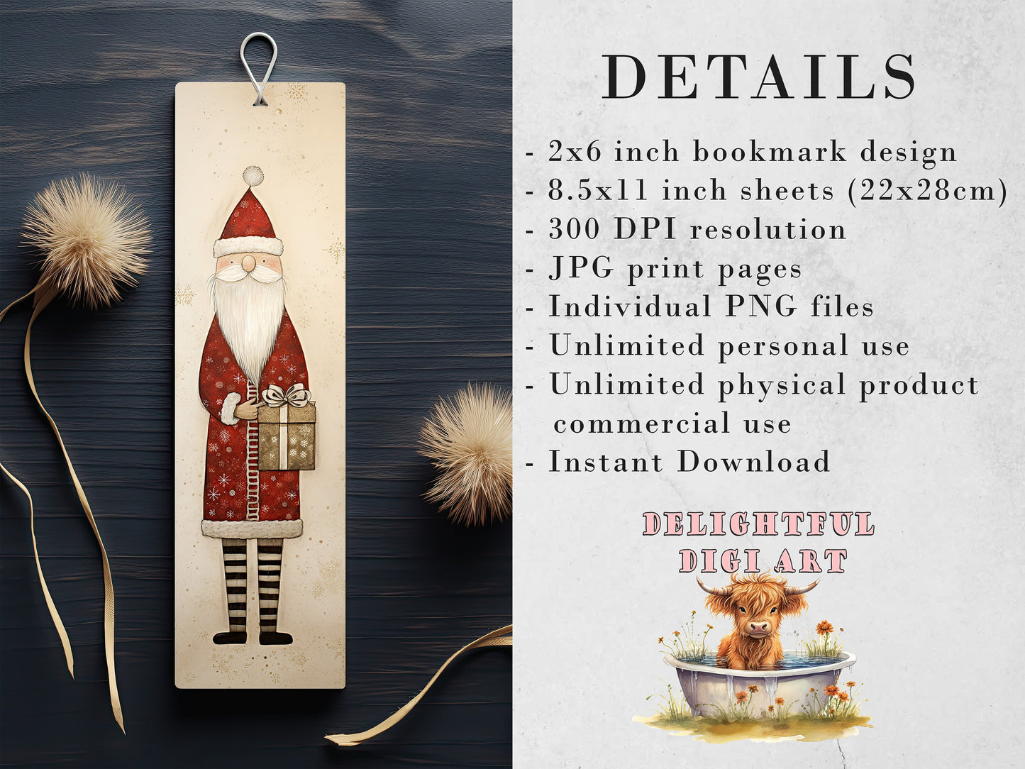 15 Whimsical Santa Printable Bookmarks: Digital Download JPG Bookmark Sheets | PNG bookmark sublimation set | Quirky Xmas Graphics for girls