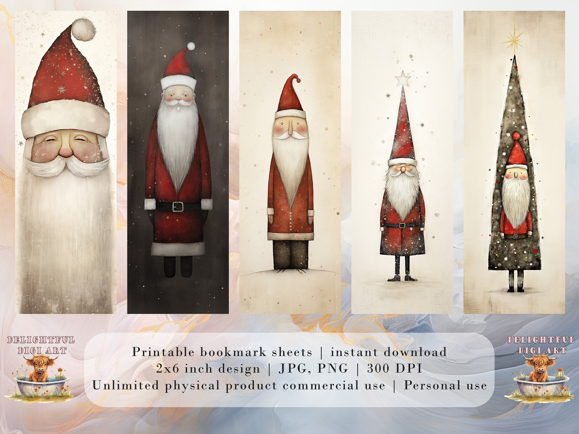 15 Whimsical Santa Printable Bookmarks: Digital Download JPG Bookmark Sheets | PNG bookmark sublimation set | Quirky Xmas Graphics for girls