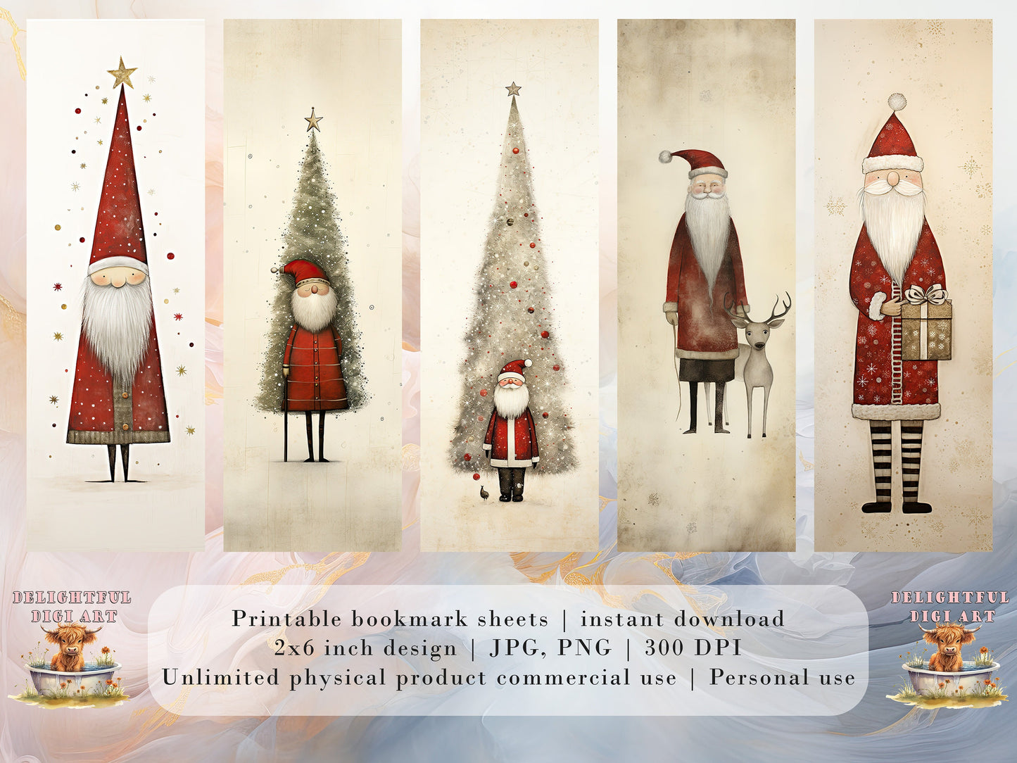 15 Whimsical Santa Printable Bookmarks: Digital Download JPG Bookmark Sheets | PNG bookmark sublimation set | Quirky Xmas Graphics for girls