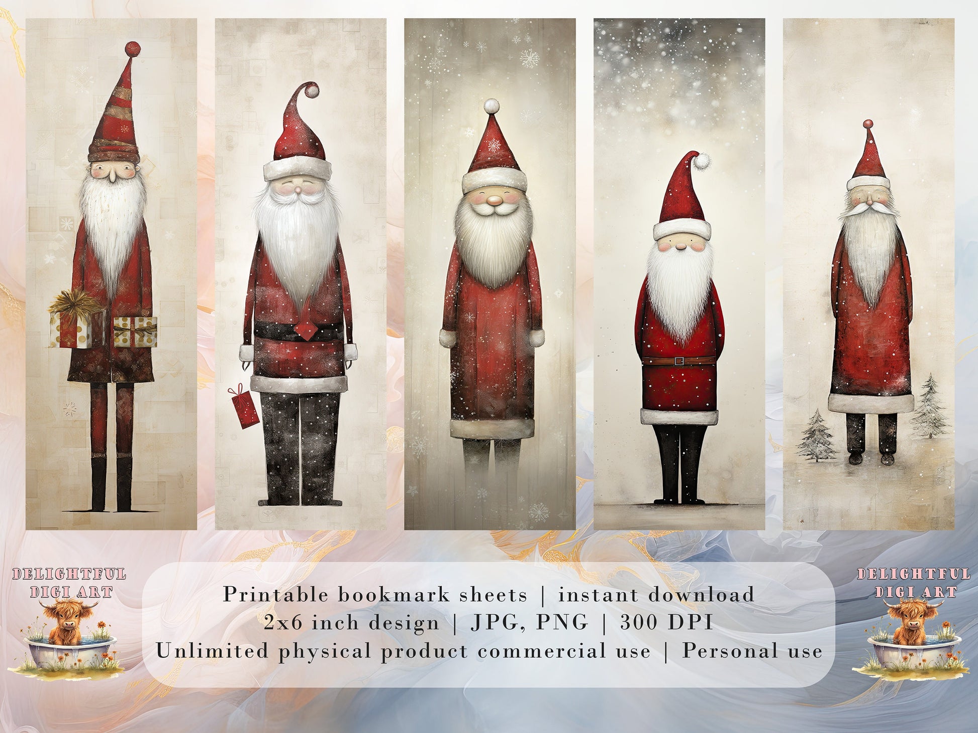 15 Whimsical Santa Printable Bookmarks: Digital Download JPG Bookmark Sheets | PNG bookmark sublimation set | Quirky Xmas Graphics for girls