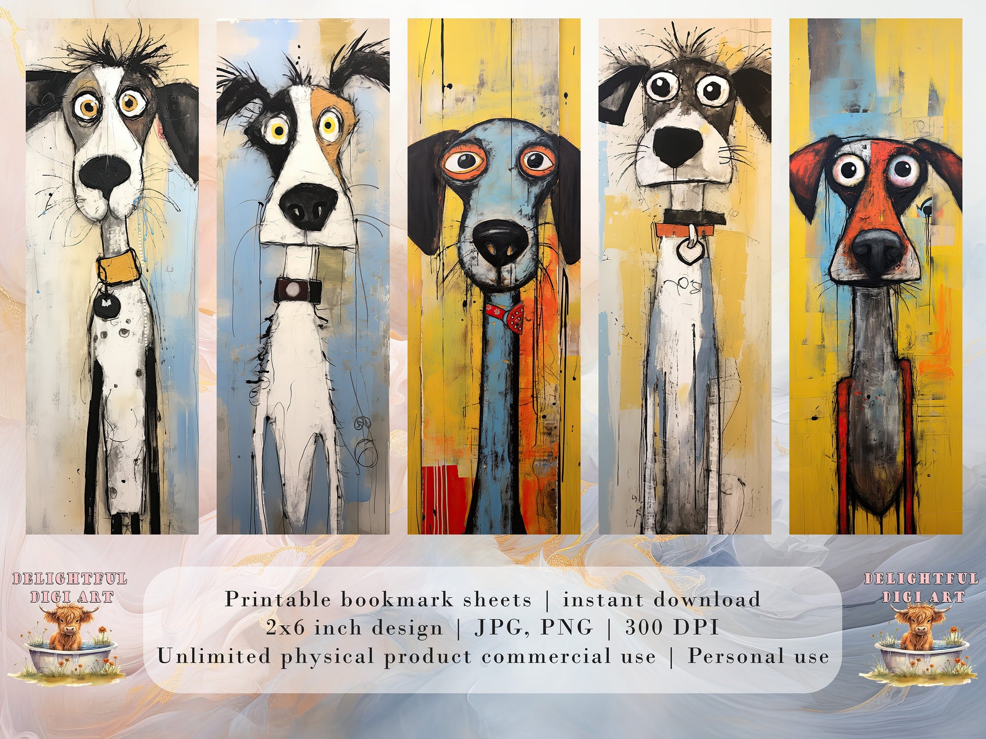 The Muttley Crew Printable Bookmarks| 15 Quirky Mixed Media Dog Bookmark Sheets| PNG bookmark sublimation| Whimsical Dogs Digital Bookmarks