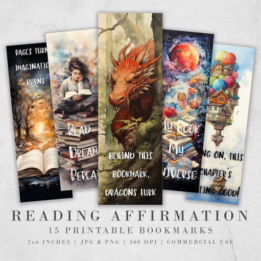 15 Reading Affirmation Printable Bookmarks | Digital Download JPG Bookmark Set| PNG bookmark sublimation| Whimsical bookmark set| Fussy Cuts