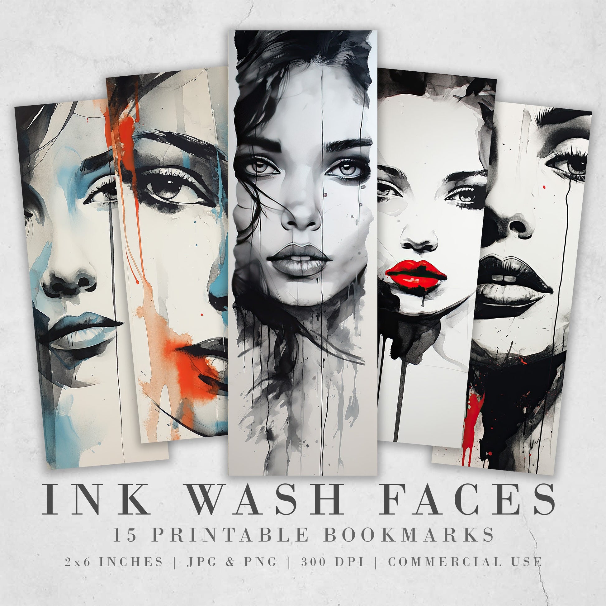 15 Ink Wash Faces Printable Bookmarks | Digital Download JPG Bookmark Set| PNG bookmark sublimation | Women's Faces bookmark set| Fussy Cuts