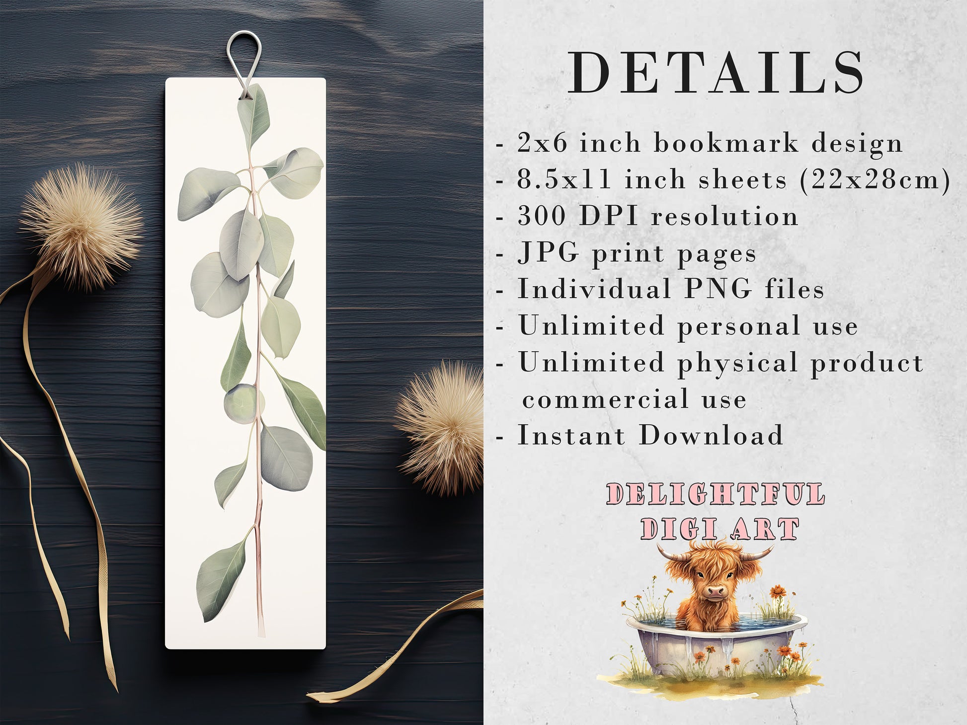 10 Eucalyptus Watercolor Printable Bookmarks | Digital Download JPG Bookmark Set | PNG bookmark | Neutral floral sublimation bookmark set