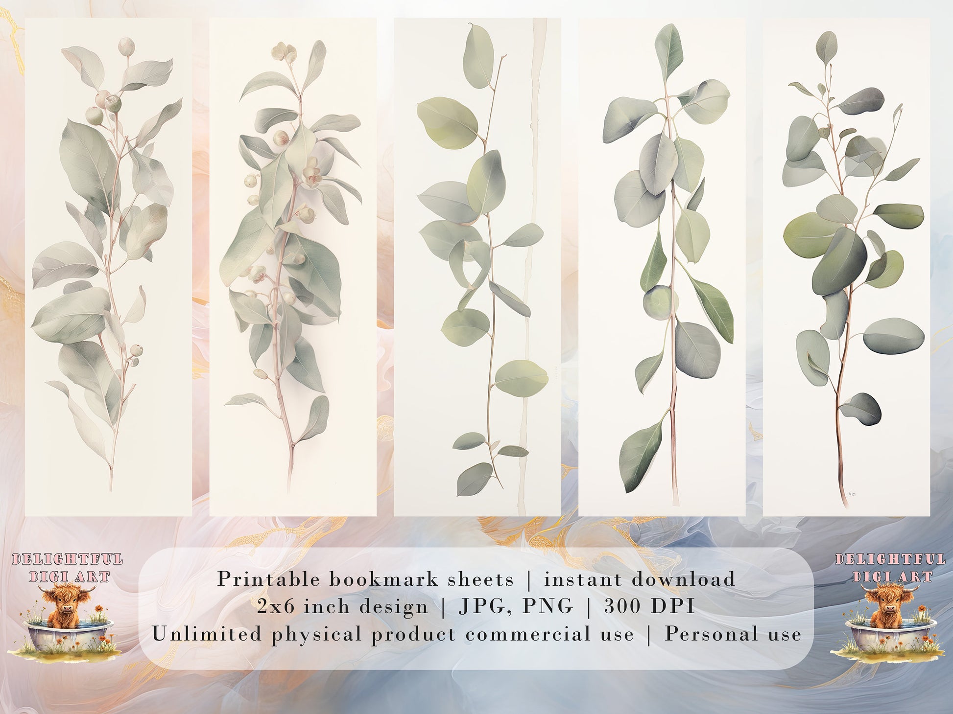 10 Eucalyptus Watercolor Printable Bookmarks | Digital Download JPG Bookmark Set | PNG bookmark | Neutral floral sublimation bookmark set