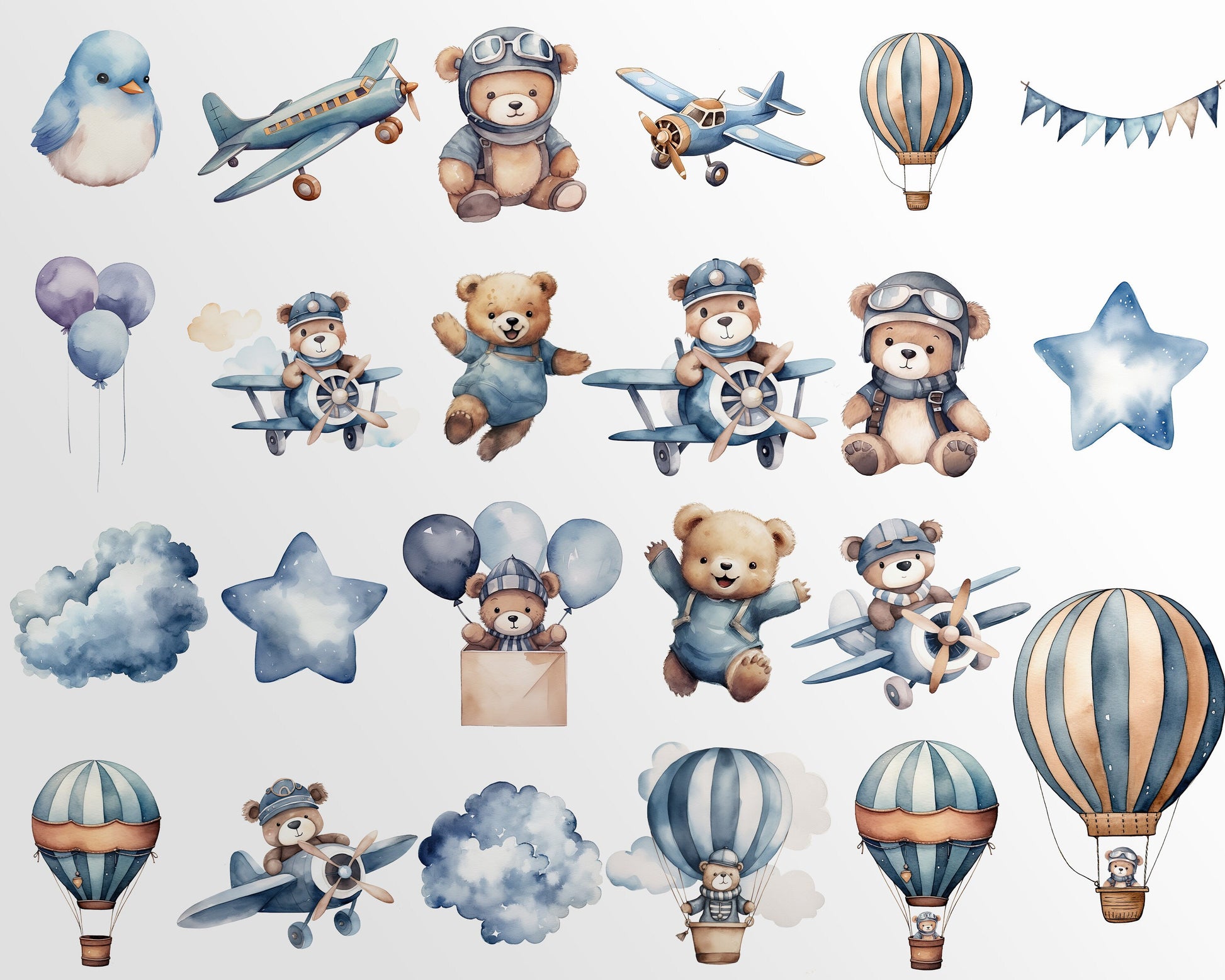 Watercolor Teddy Bear, Clipart Pack for a boys Baby Shower, Clipart for commercial use, Transparent PNGs, Blue Aeroplane Balloons