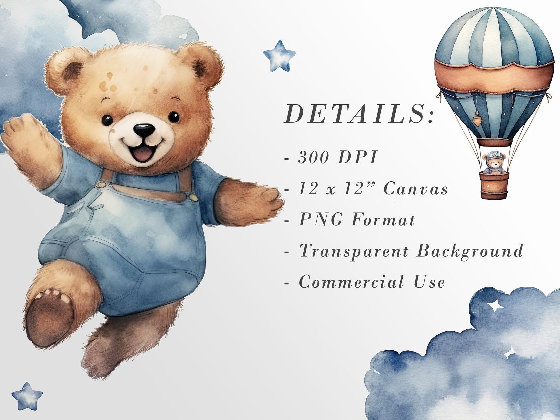 Watercolor Teddy Bear, Clipart Pack for a boys Baby Shower, Clipart for commercial use, Transparent PNGs, Blue Aeroplane Balloons