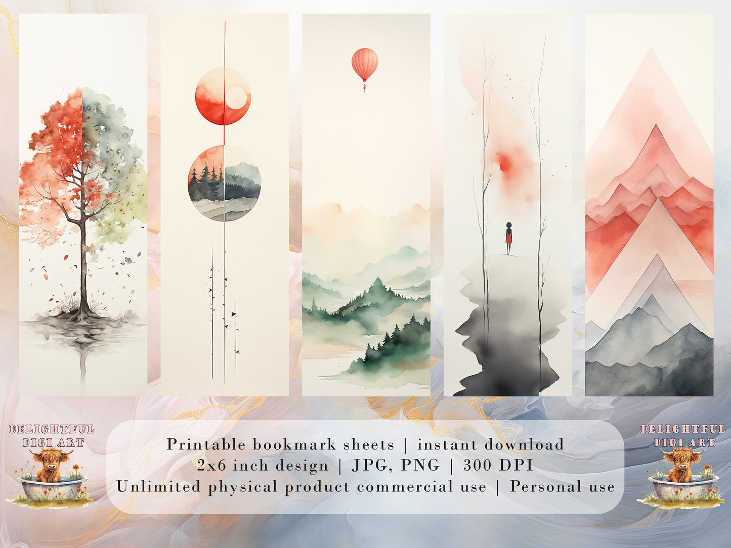 Watercolor Landscape Printable Bookmarks| 10 Minimalist Design Bookmarks| Book Lover Gift| DIY Craft Idea| JPG Bookmark Sheets| PNG Bundle