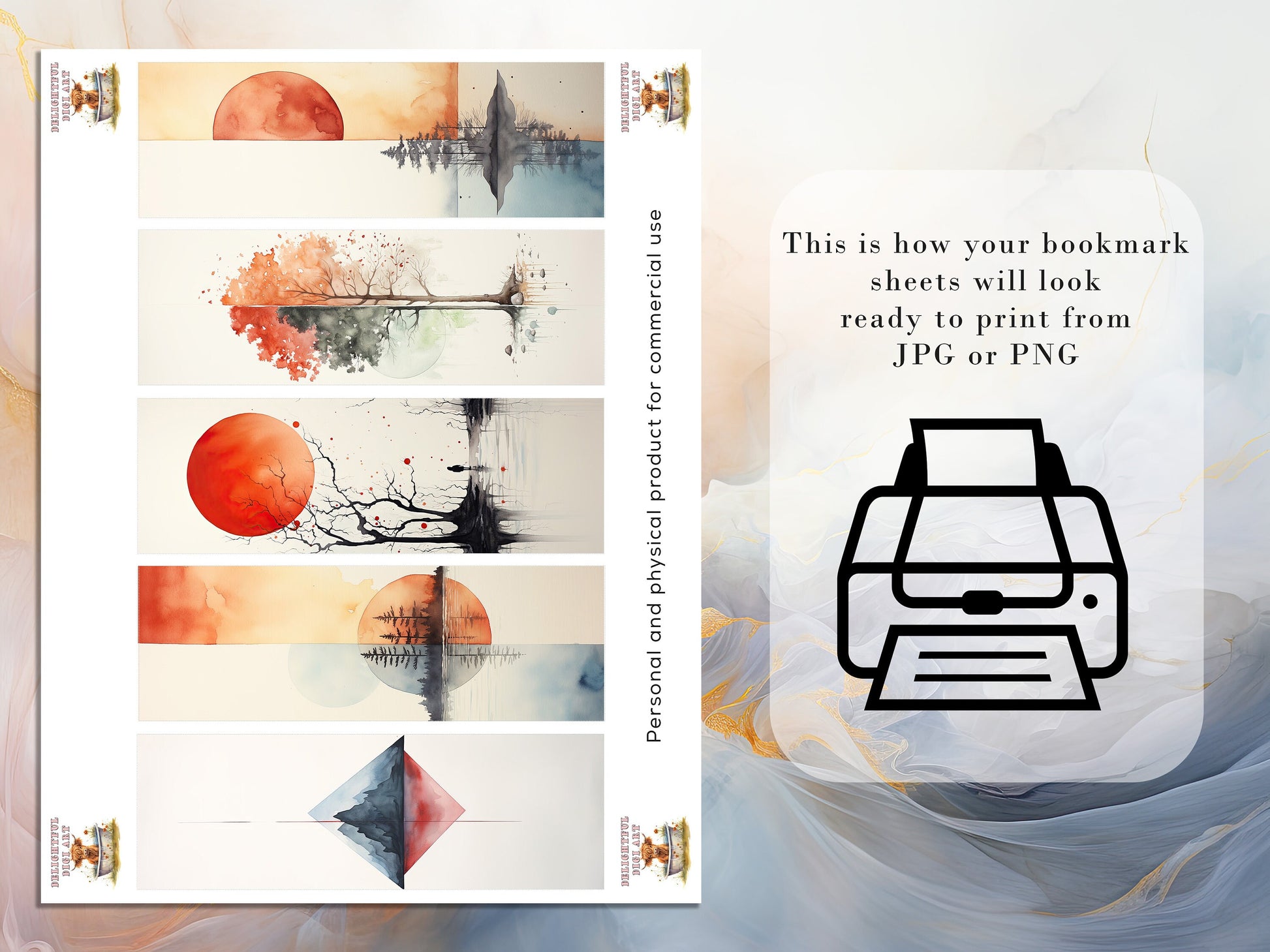 Watercolor Landscape Printable Bookmarks| 10 Minimalist Design Bookmarks| Book Lover Gift| DIY Craft Idea| JPG Bookmark Sheets| PNG Bundle